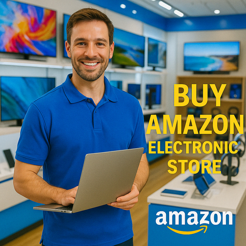 A man smiling while holding a laptop in an Amazon electronic store, with the Amazon logo visible in the background.